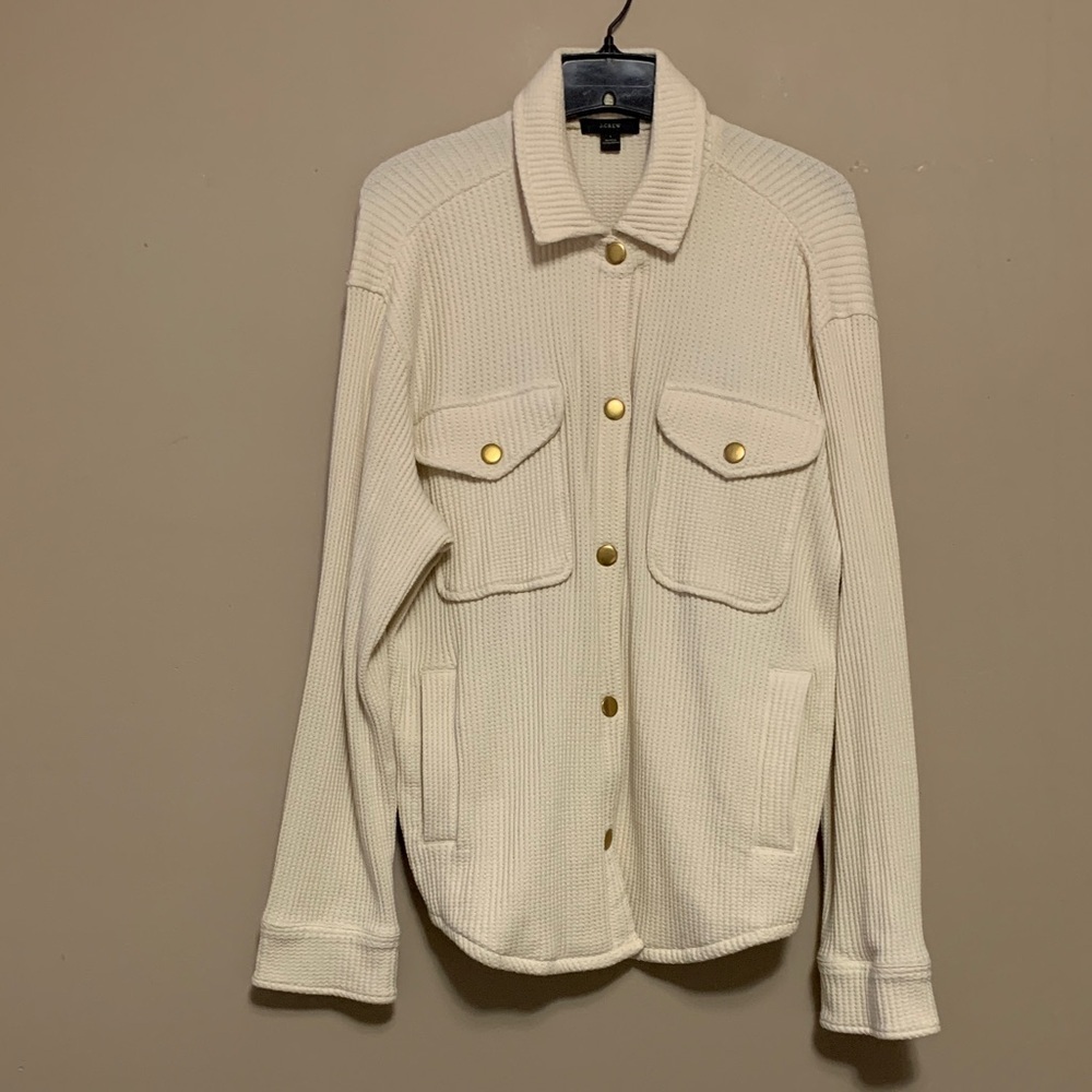 J. Crew Women Waffle-Knit Button-Up Large Cream Gold-Button Shirt-Jacket Quiet